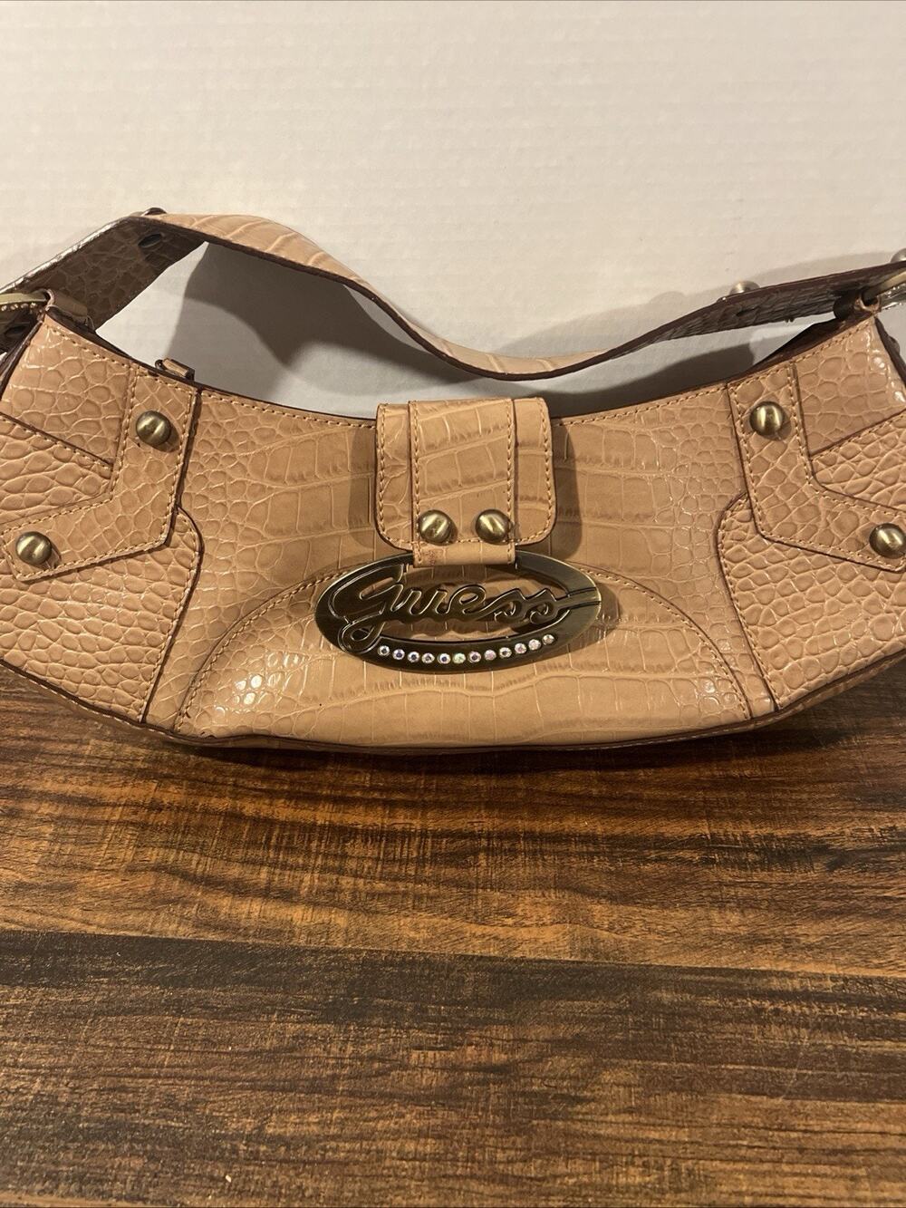Vintage GUESS Y2K Glam Python Snake Print Handbag Sm Purse Shoulder Bag Beige